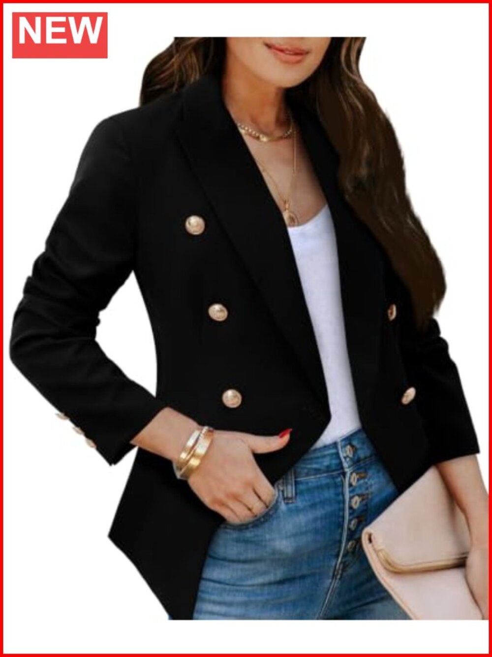 Double Breasted Gold Button Business Casual Blazer with Notch Collar